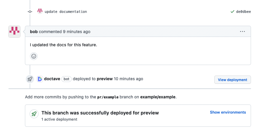 Screenshot of Doctave's GitHub intergration showing a Build Preview in a Pull Request.