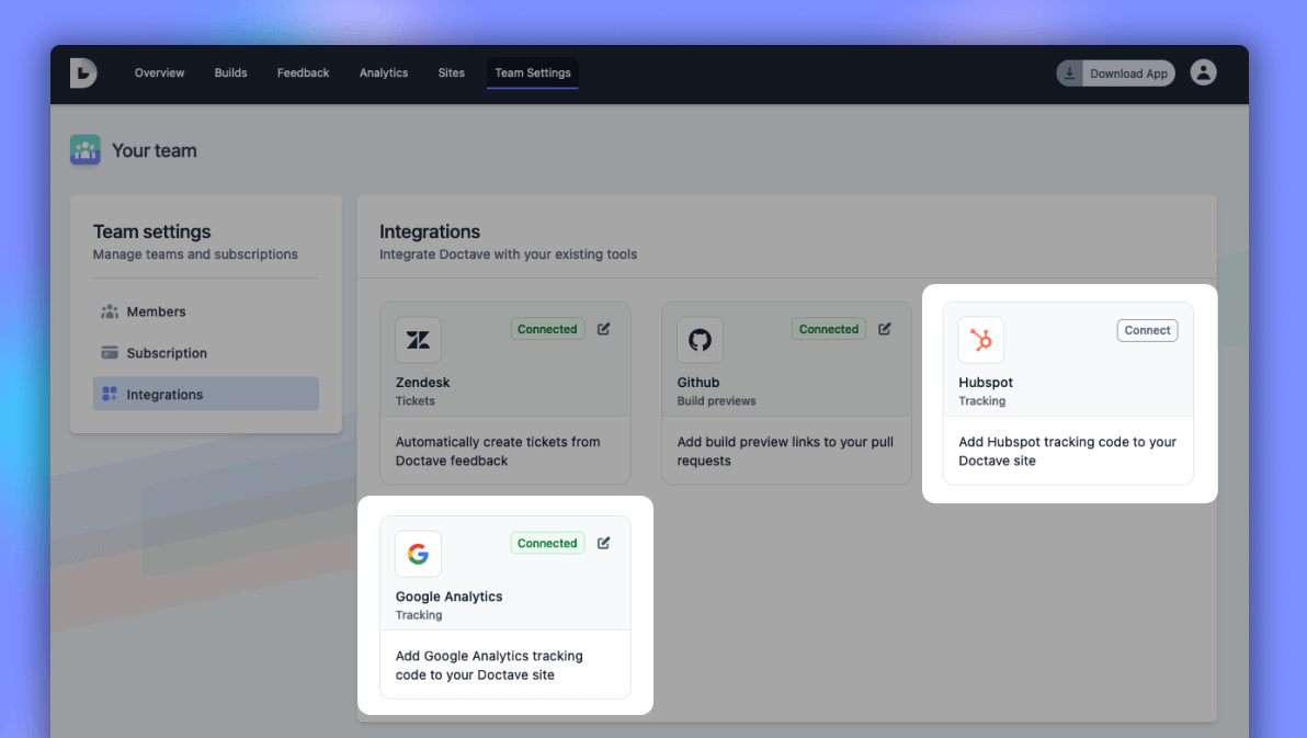 a screenshot of the Doctave dashboard's integrations page