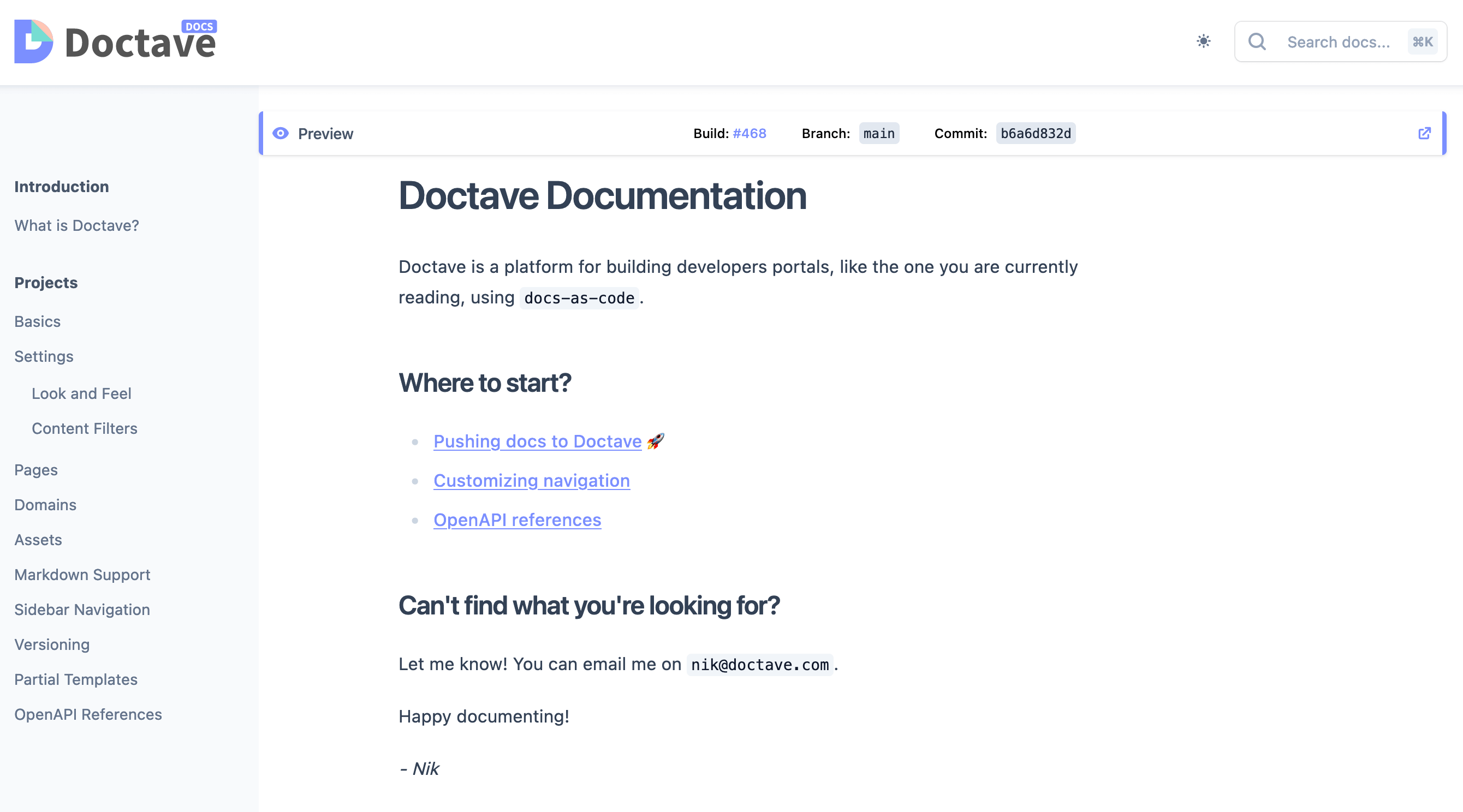 a screenshot of Doctave's documentation with a longer navigation referencing
various features we built
