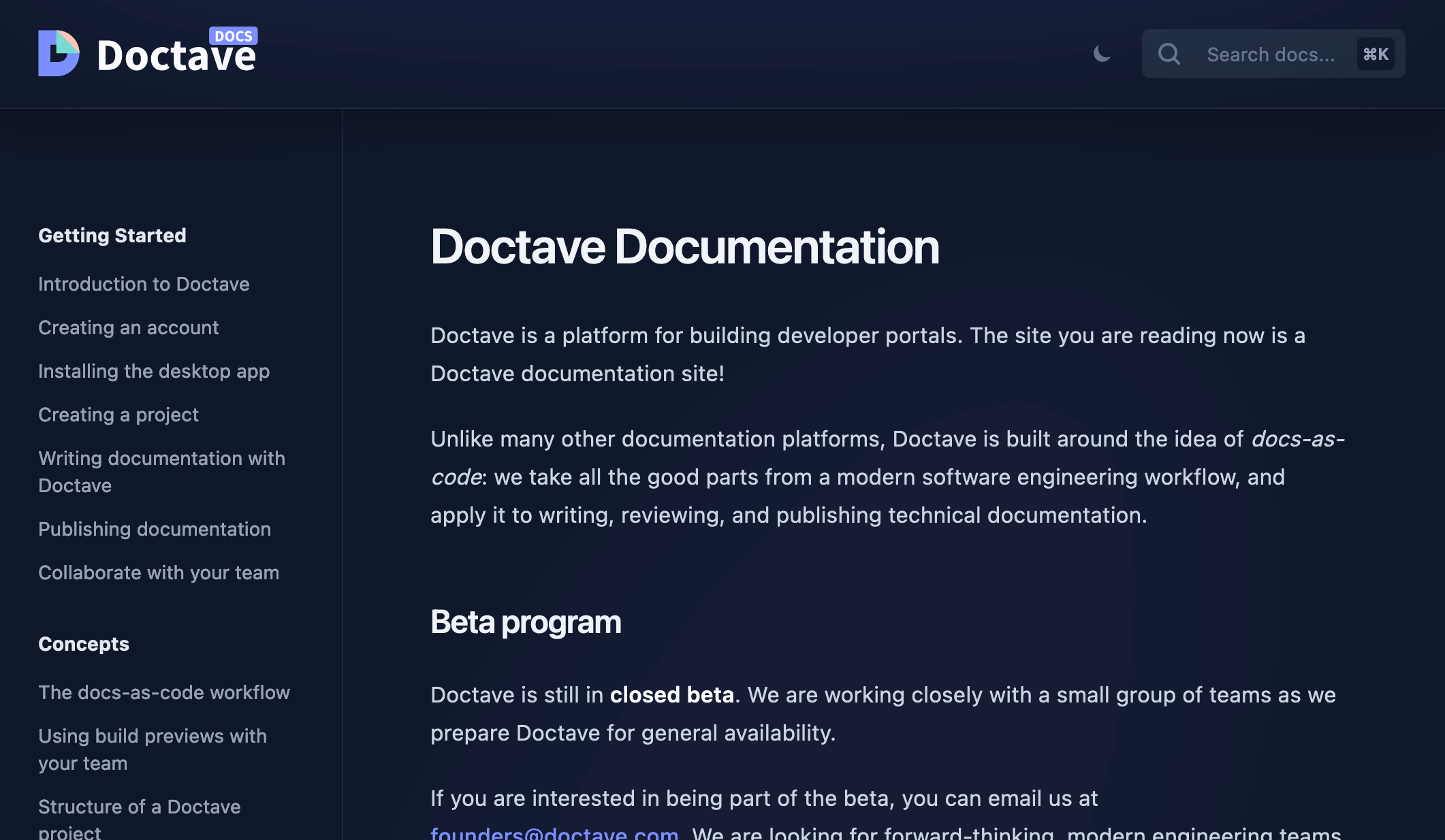 a screenshot of Doctave's rewritten documentation 
site