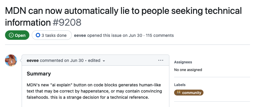 screenshot of the above mentioned GitHub issue with the title "MDN can now automatically lie to people seeking technical information"