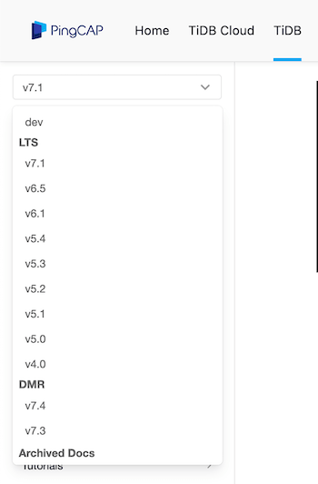 PingCap's TiDB's documentation versions