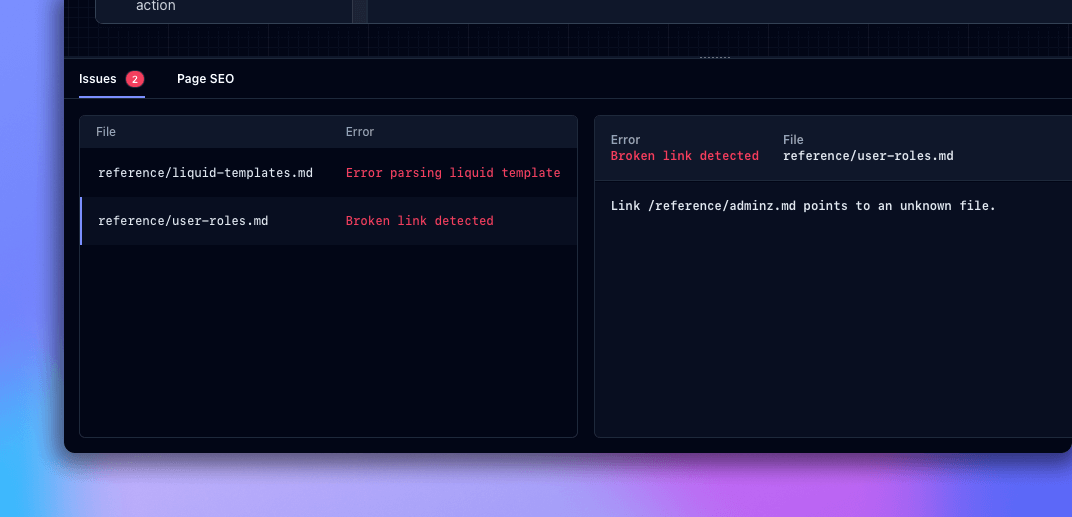 Screenshot of Doctave Studio's issues navigator showing 2 issues with the current documentation project