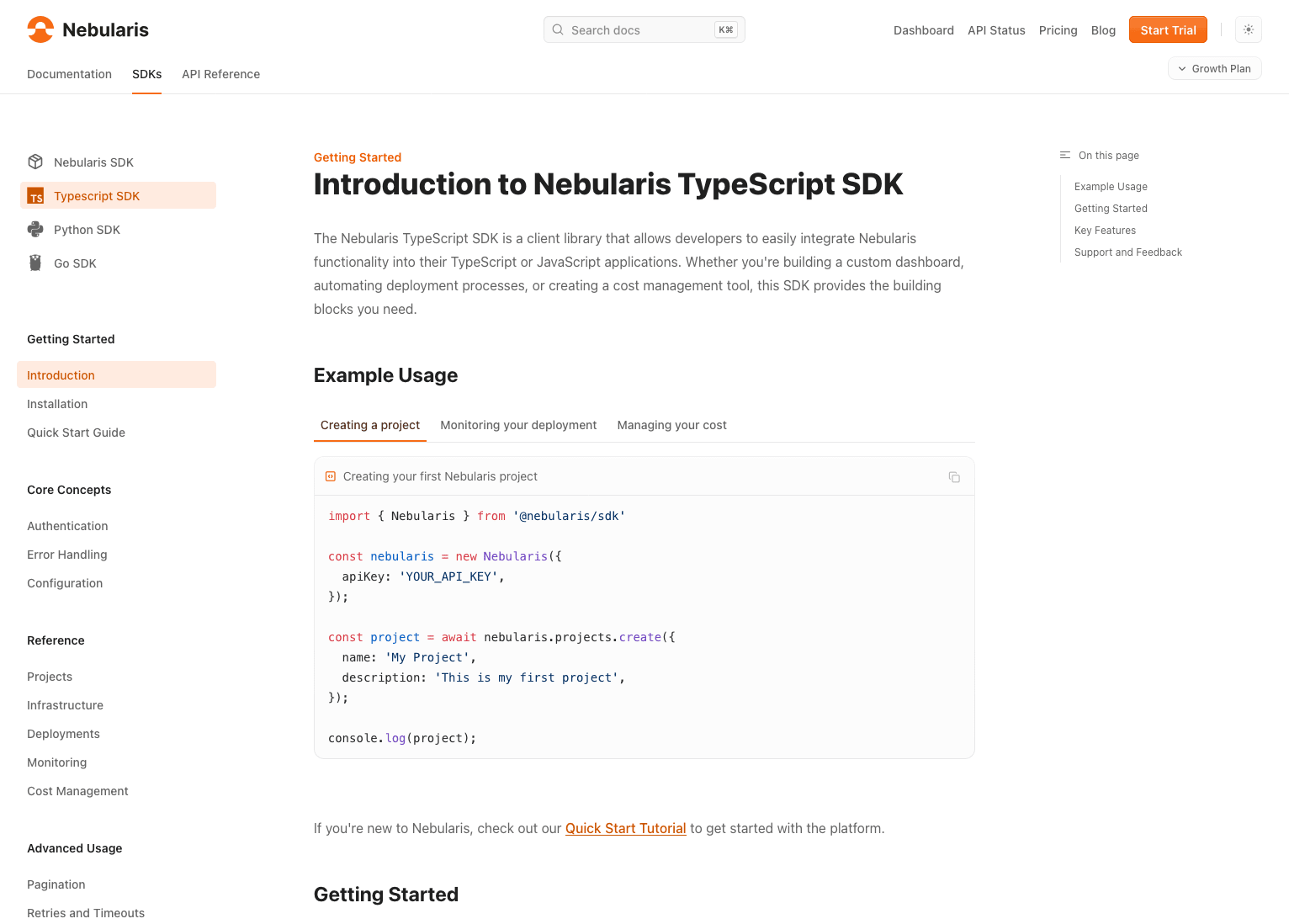 Doctave-powered multi-language SDK Documentation site showing a TypeScript SDK